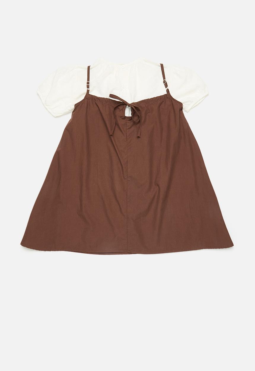 Pop Candy - Mini dress with puff sleeved blouse - brown/white