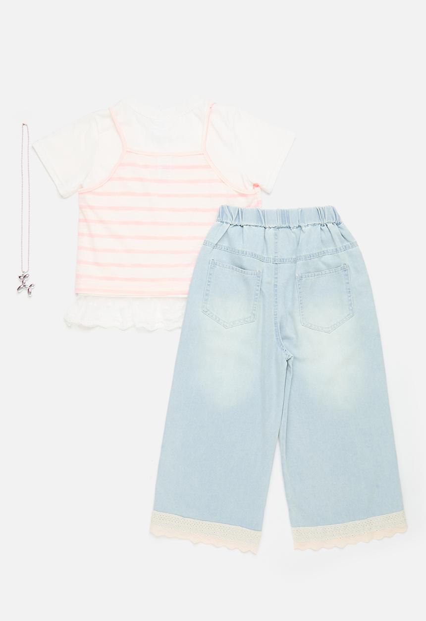 Pop Candy - Vest & lace trim tee with wide leg jeans - white/pink/light blue