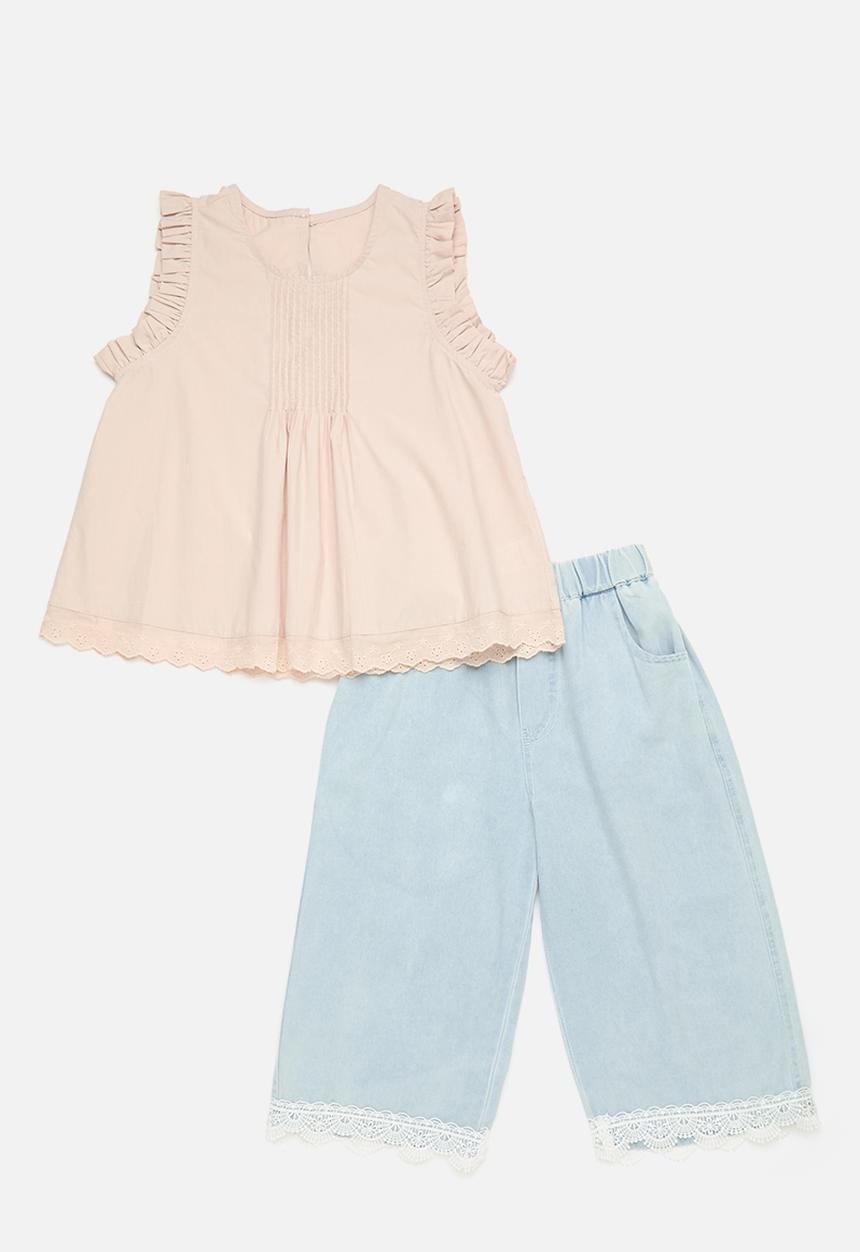 Pop Candy - Top with pin tuck detailing & lace hem jeans - pink/blue