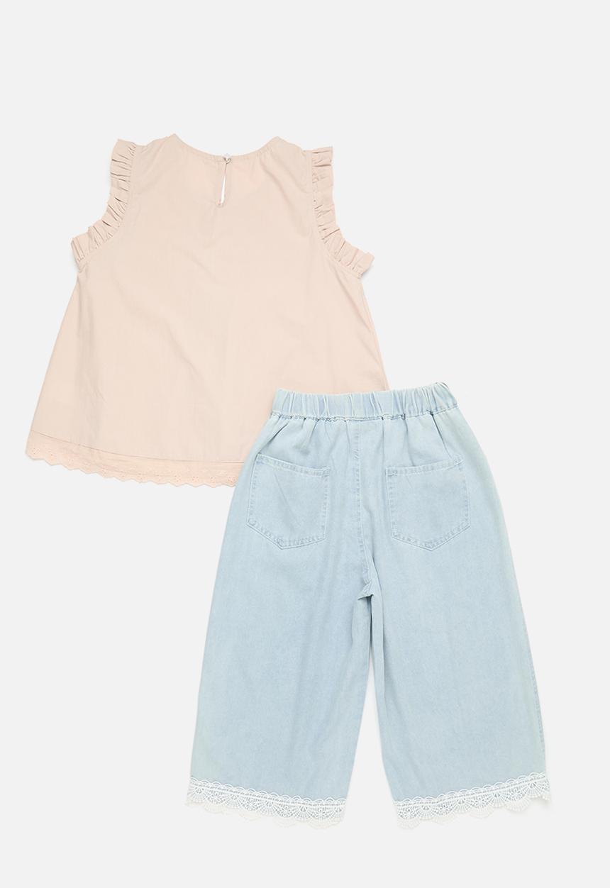 Pop Candy - Top with pin tuck detailing & lace hem jeans - pink/blue