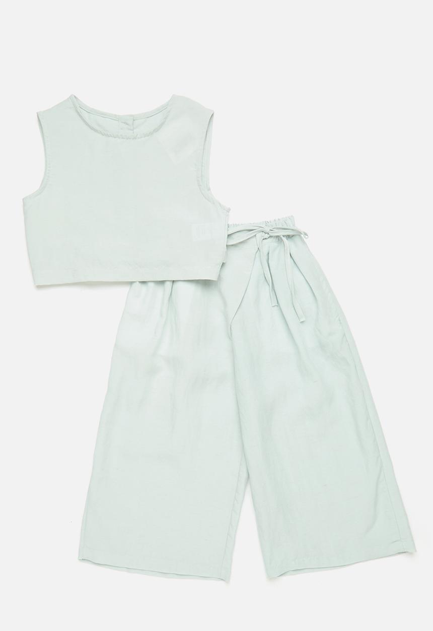 Pop Candy - Low tie-back top with wrap pants - duck egg blue