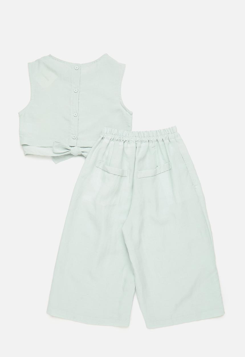 Pop Candy - Low tie-back top with wrap pants - duck egg blue