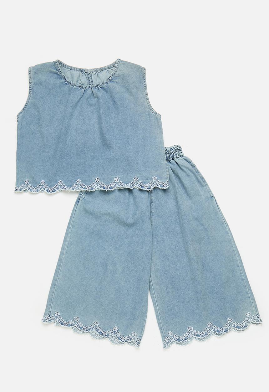 Pop Candy - Crop denim top & wide leg jeans with embroidered anglaise hem - blue