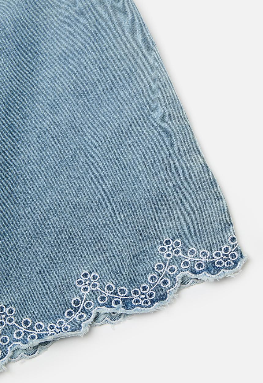 Pop Candy - Crop denim top & wide leg jeans with embroidered anglaise hem - blue