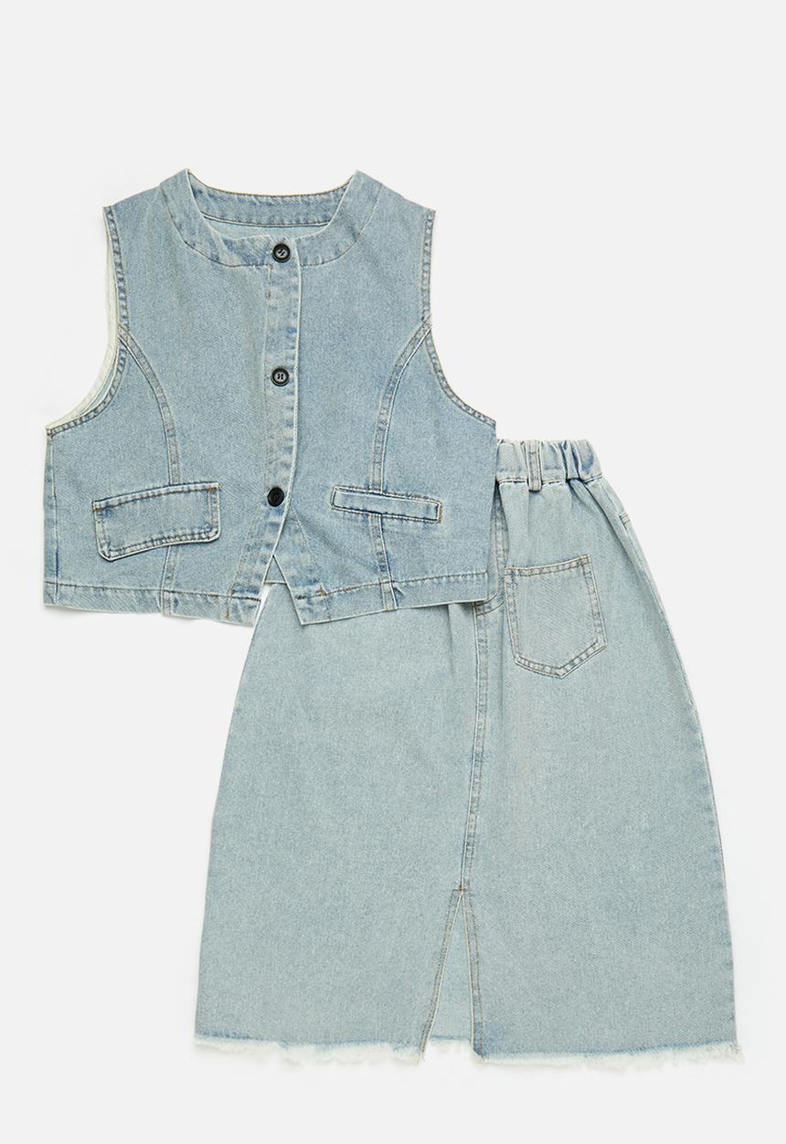 Pop Candy - Light wash denim vest with asymmetrical pockets & skirt - blue