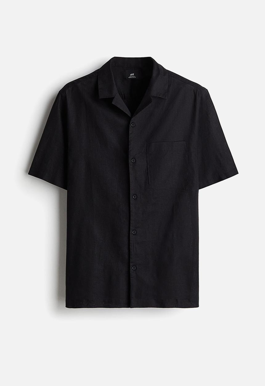 H&M - Regular fit short-sleeved linen-blend shirt - black