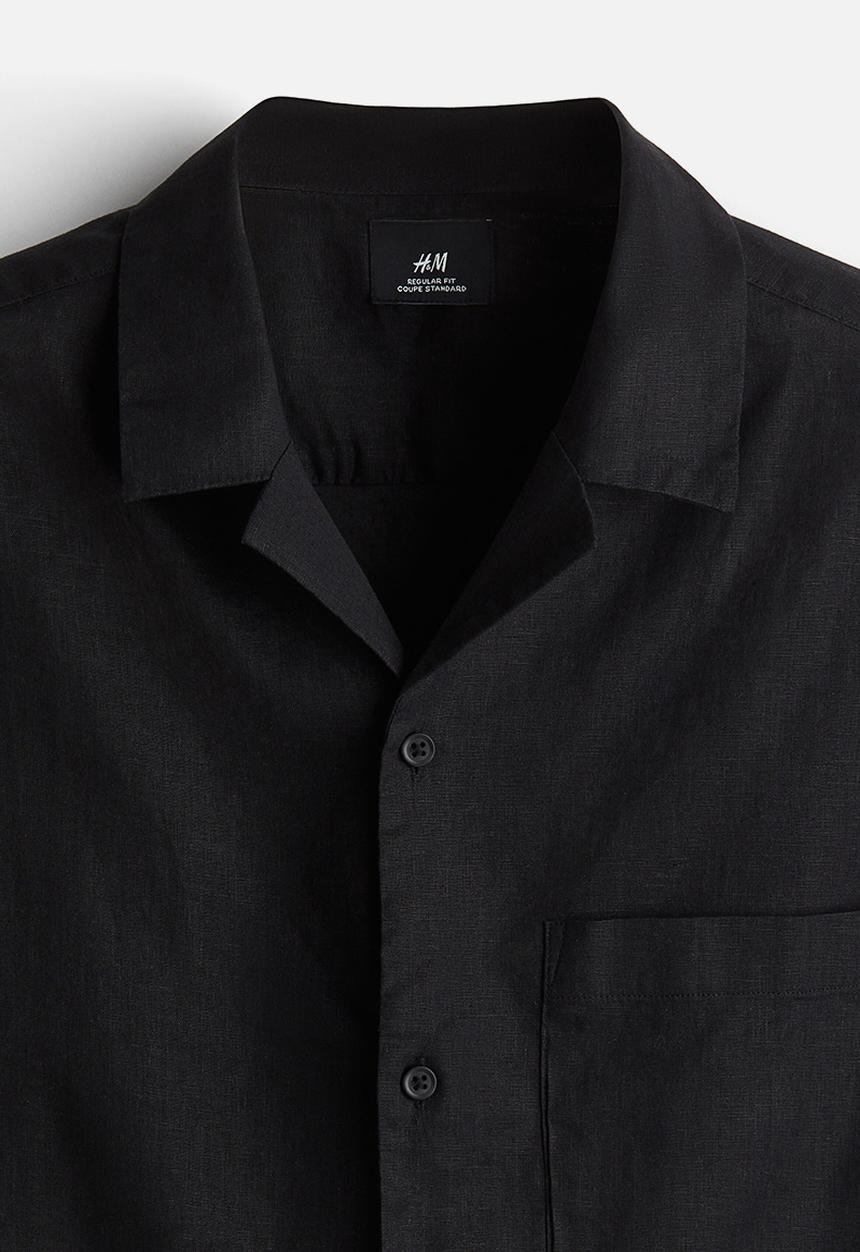 H&M - Regular fit short-sleeved linen-blend shirt - black