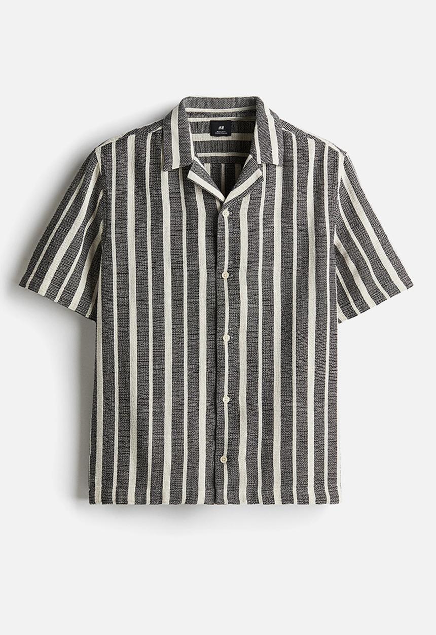 H&M - Regular fit textured resort shirt - navy blue striped