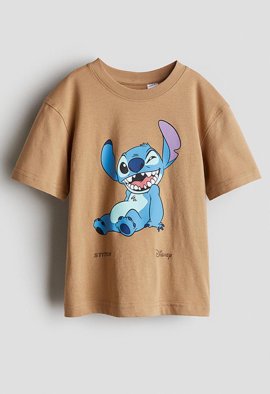 H&M - Printed T-shirt - dark beige/lilo & stitch