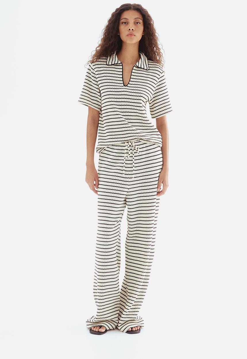 H&M - Textured-knit trousers - cream/striped