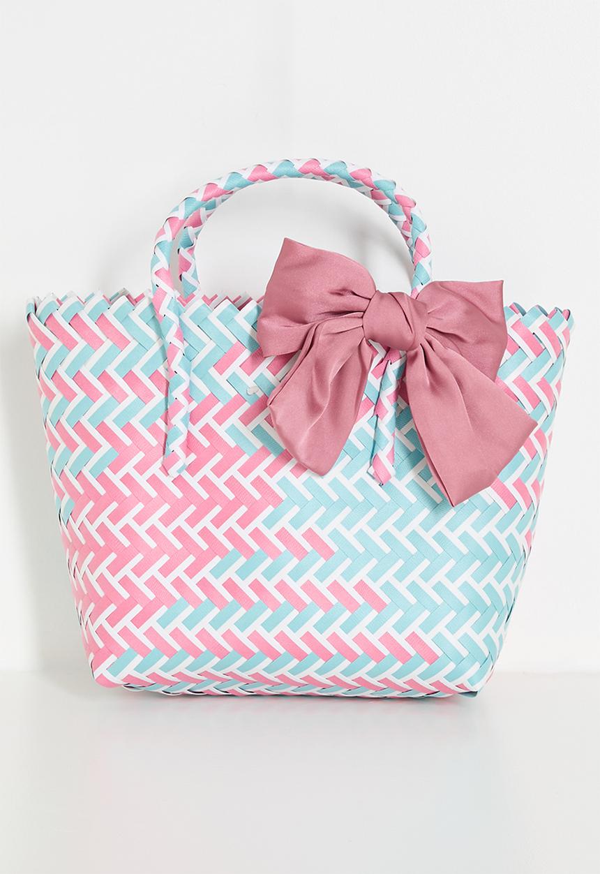 Pop Candy - Woven basket bag with contrast bow - pink/blue
