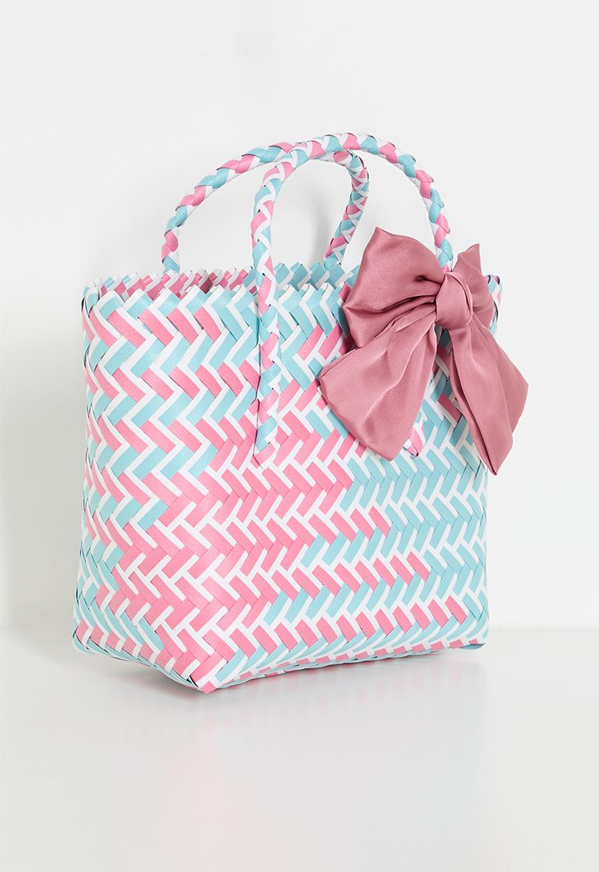Pop Candy - Woven basket bag with contrast bow - pink/blue