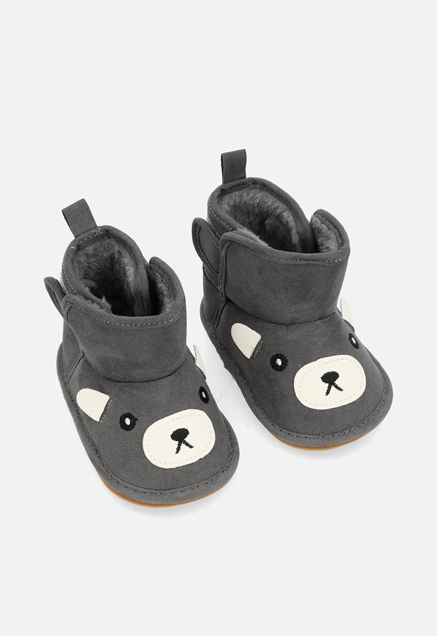 Pop Candy - Bear face ankle length slipper boots - charcoal grey