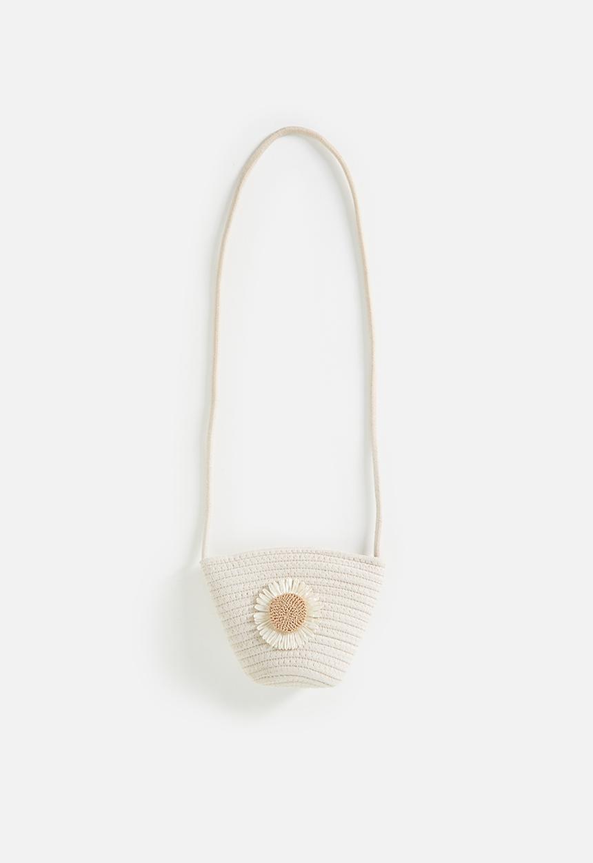 Pop Candy - Bucket-shaped straw bag with woven flower feature - cornsilk white