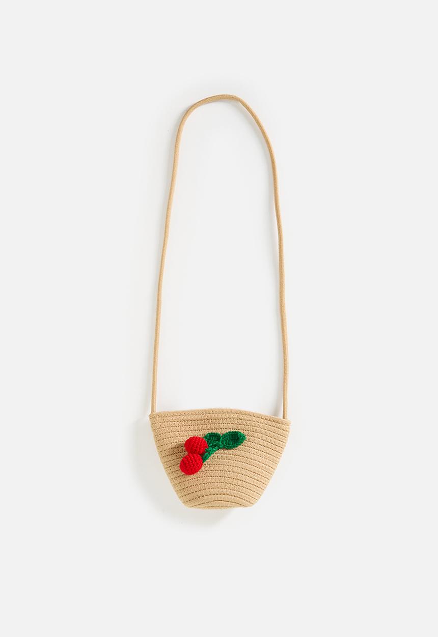 Pop Candy - Bucket-shaped straw bag with knitted cherries - natural