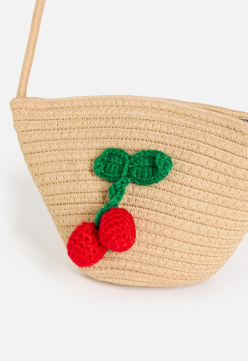Pop Candy - Bucket-shaped straw bag with knitted cherries - natural