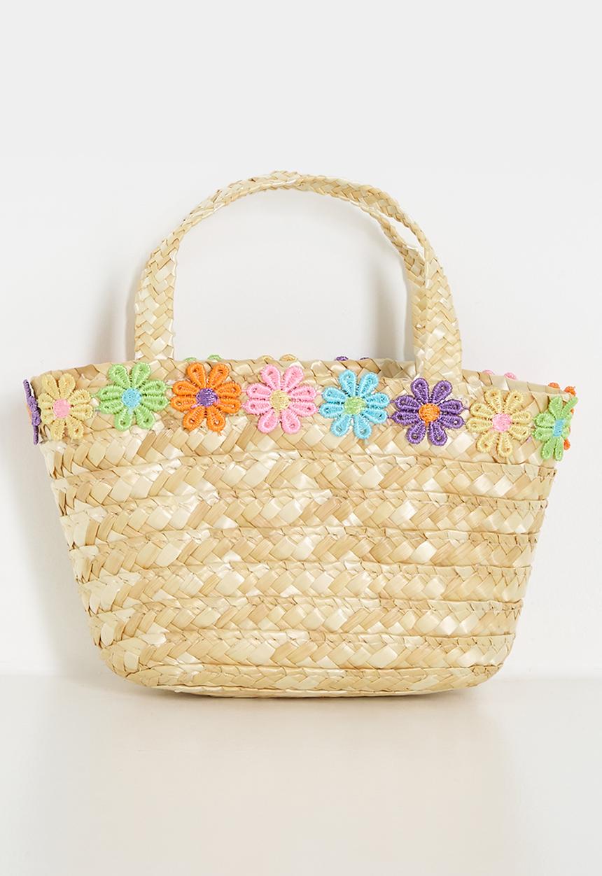 Pop Candy - Woven tote bag with flower chain feature - natural/multi