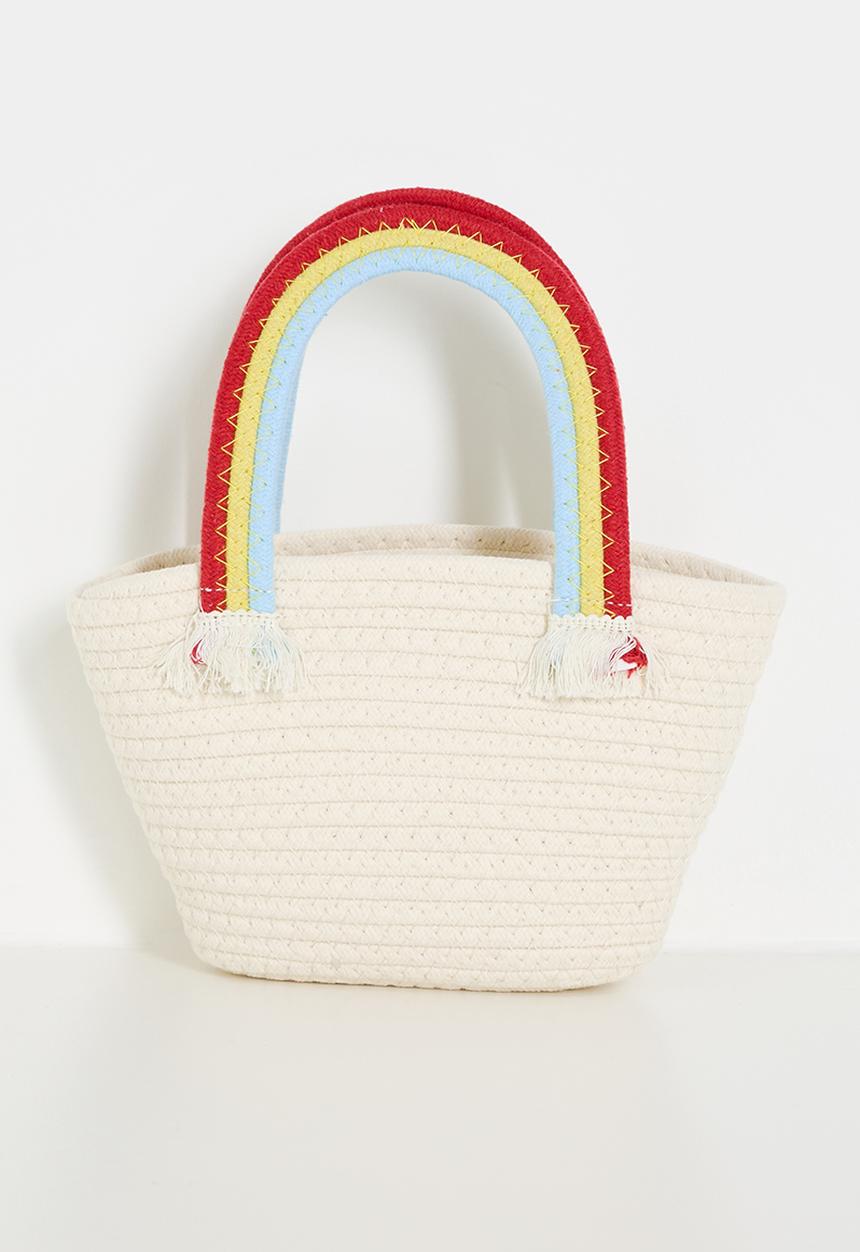 Pop Candy - Woven tote bag with contrast weave handles - cream/rainbow
