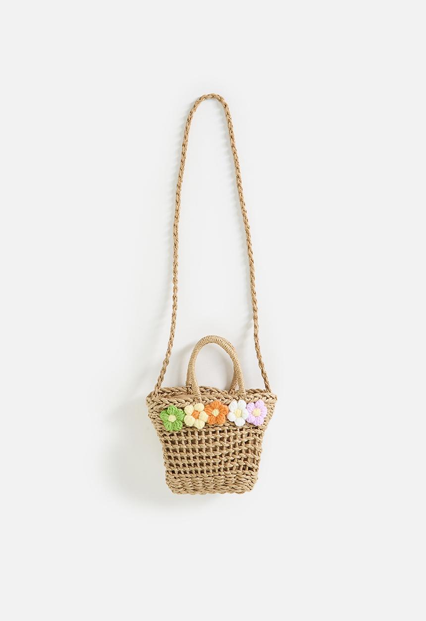 Pop Candy - Woven basket-style bag with knitted flowers - natural/multi