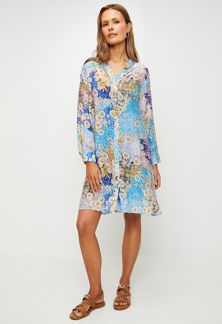 Stella Morgan - Three Quarter Sleeve Mandarin Collar Sheer Shirt Dress - Multi 