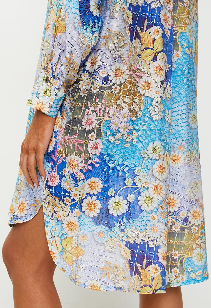 Stella Morgan - Three Quarter Sleeve Mandarin Collar Sheer Shirt Dress - Multi 