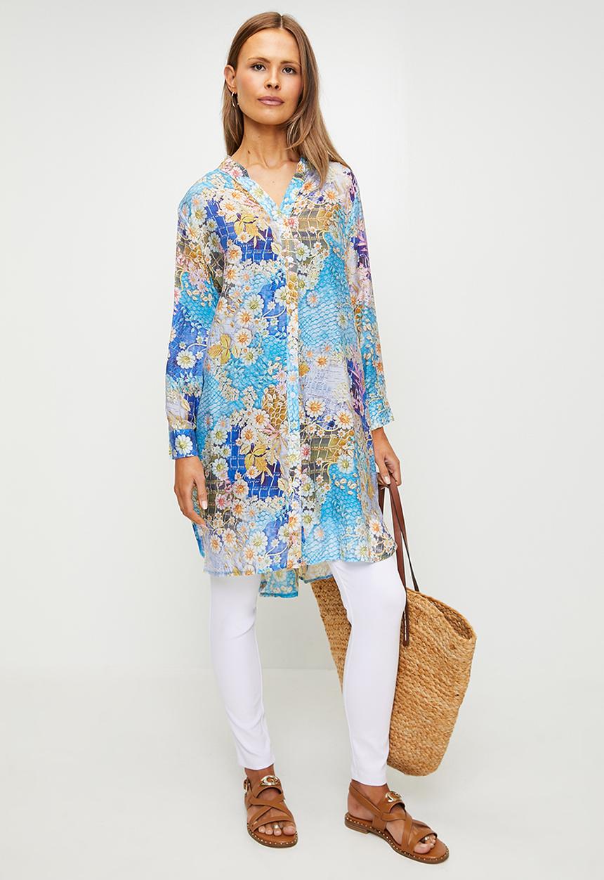 Stella Morgan - Three Quarter Sleeve Mandarin Collar Sheer Shirt Dress - Multi 