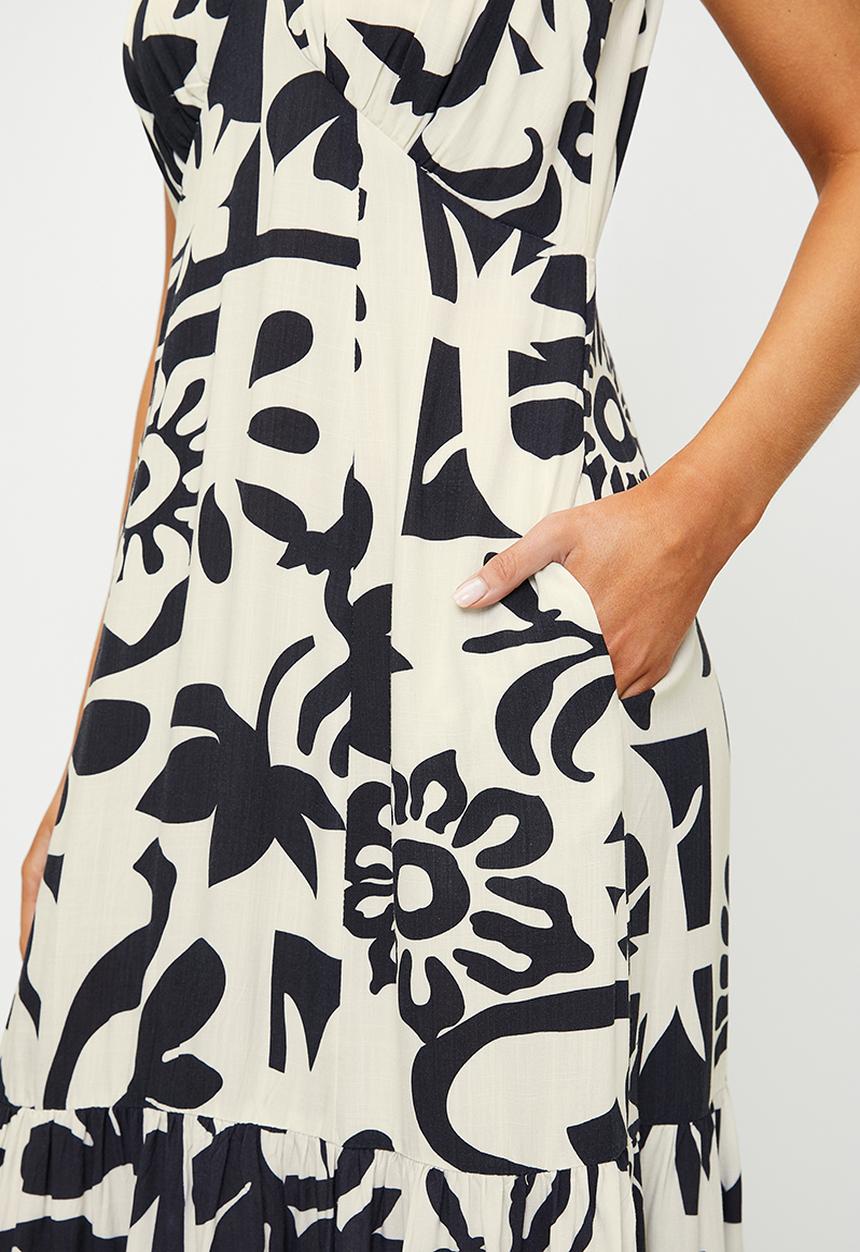 Izabel London - Sleeveless V-Neck Abstract Printed A-Line Max Dress - Ivory