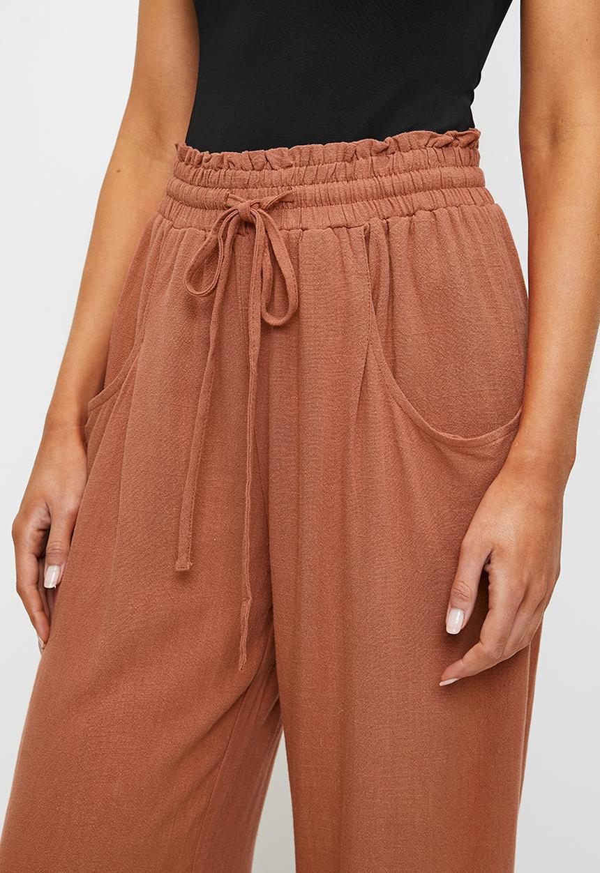 Izabel London - Drawcord Elasticated Ankle Length Pant - Rust