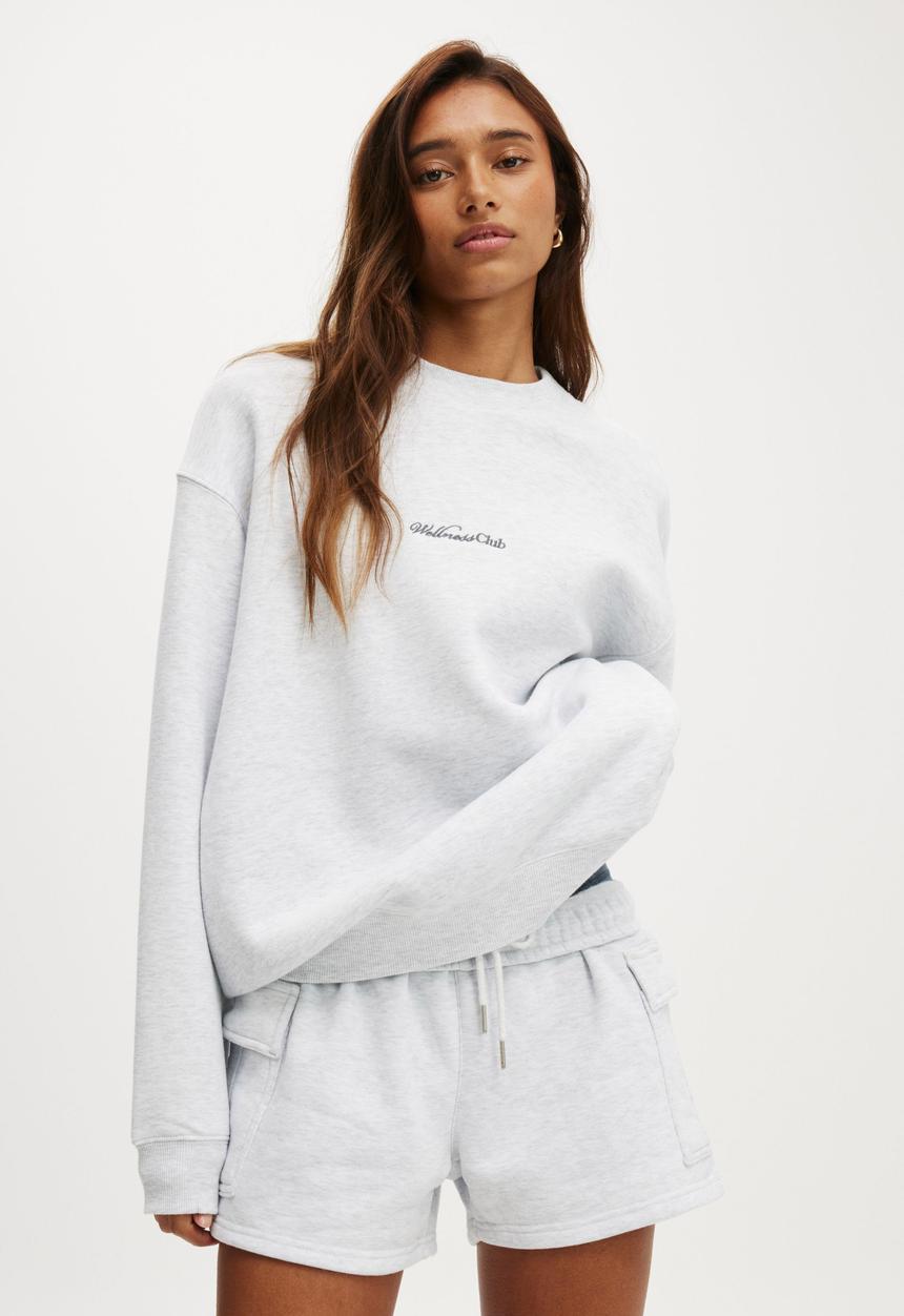 Cotton On - Plush Graphic Crew Sweatshirt - Cloudy Grey Marle/Wellness