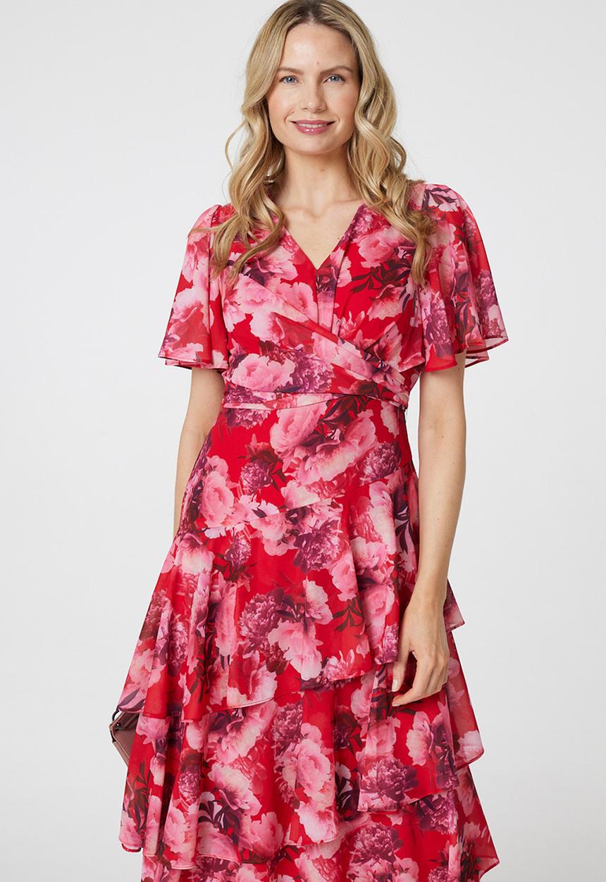 Izabel London - Midi Dress With 3 Asymmetrical Tiers - Red