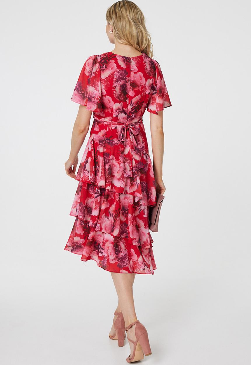 Izabel London - Midi Dress With 3 Asymmetrical Tiers - Red