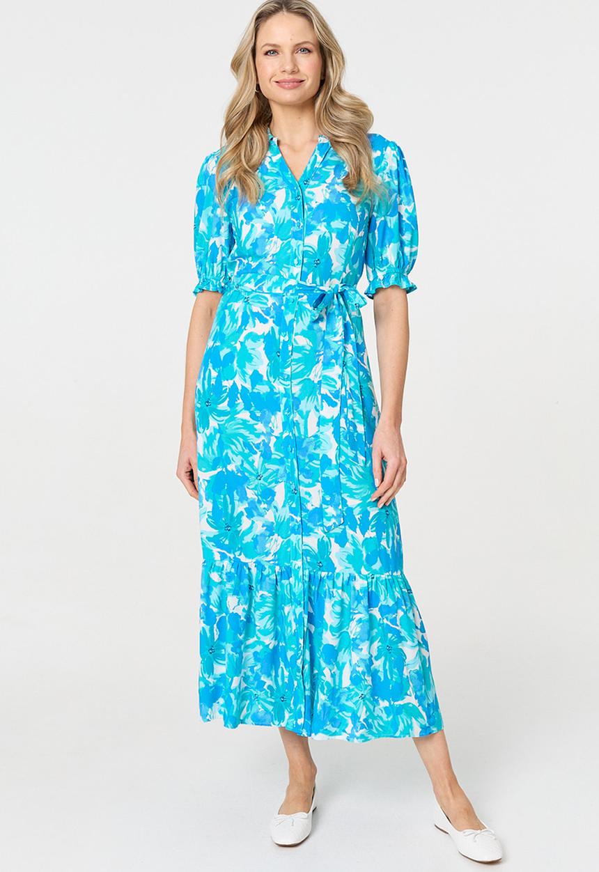 Izabel London - Maxi One Tiered Dress With Tie Belt - Blue