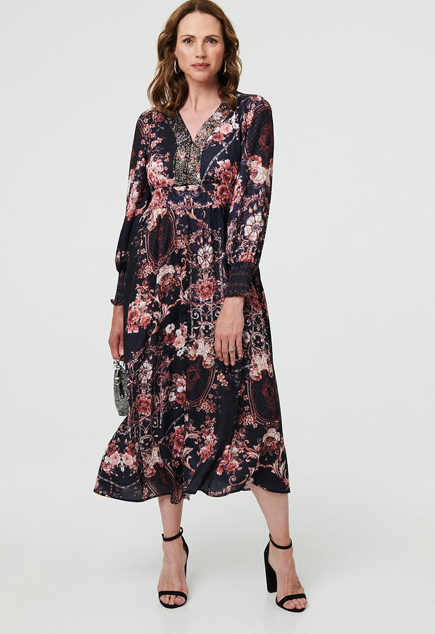Stella Morgan - Smocked Sleeve V-Neck Border Maxi Dress - multi