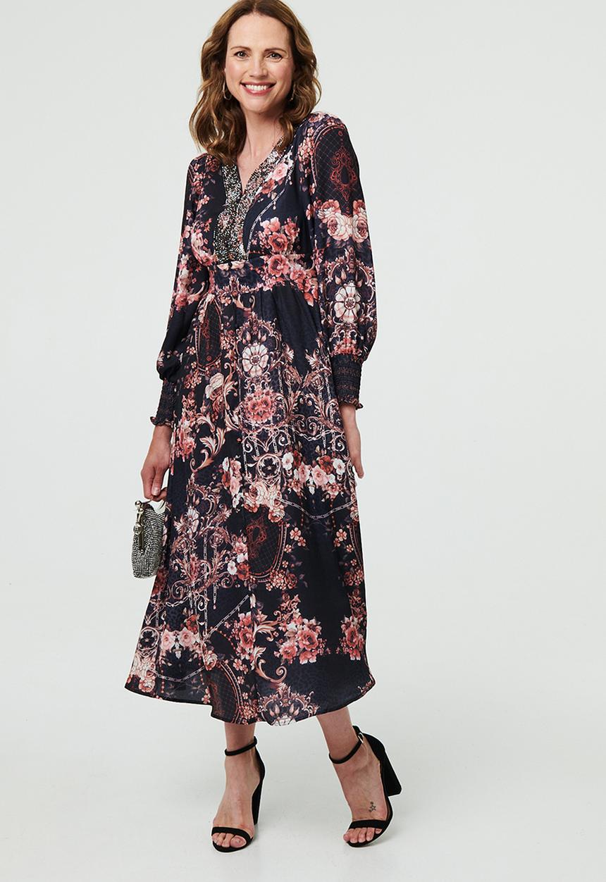Stella Morgan - Smocked Sleeve V-Neck Border Maxi Dress - multi