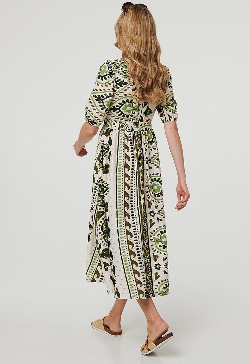 Izabel London - V-neck Covered Buttons A-Line Maxi Dress - Green