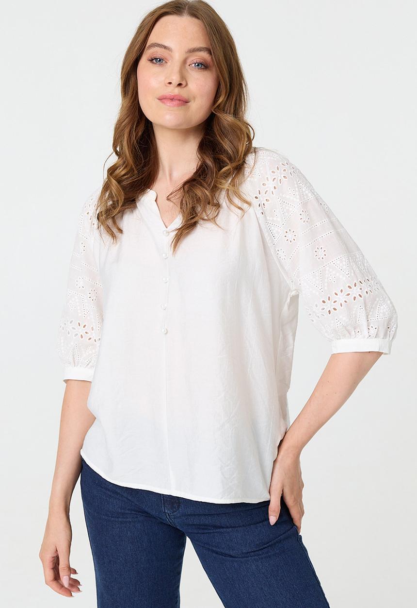 Stella Morgan - Mandarin Collar Keyhole Easy Wearing Blouse - White