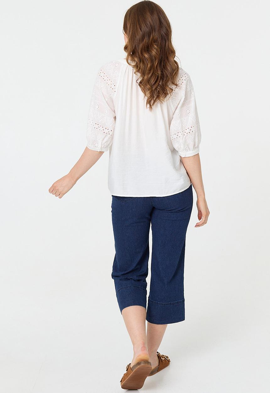 Stella Morgan - Mandarin Collar Keyhole Easy Wearing Blouse - White