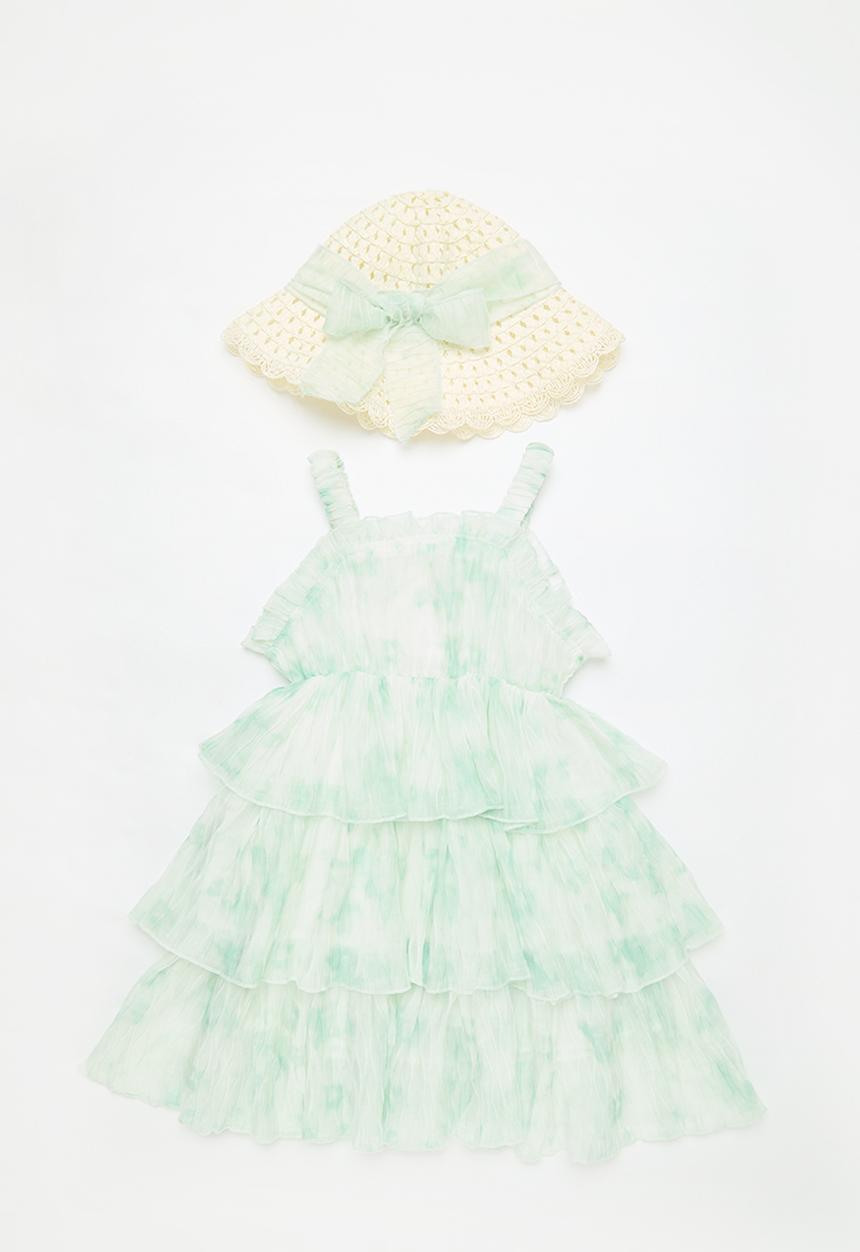Pop Candy - Flounce tiered dress with sun hat - green/natural