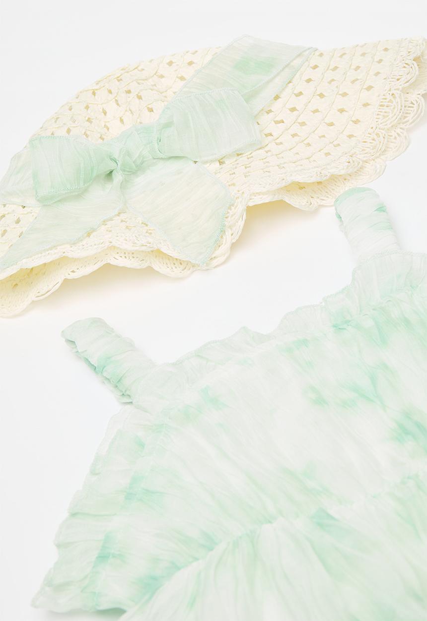 Pop Candy - Flounce tiered dress with sun hat - green/natural