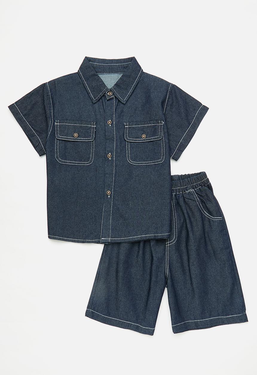 Pop Candy - Raw denim shirt & shorts with contrast stitching - navy
