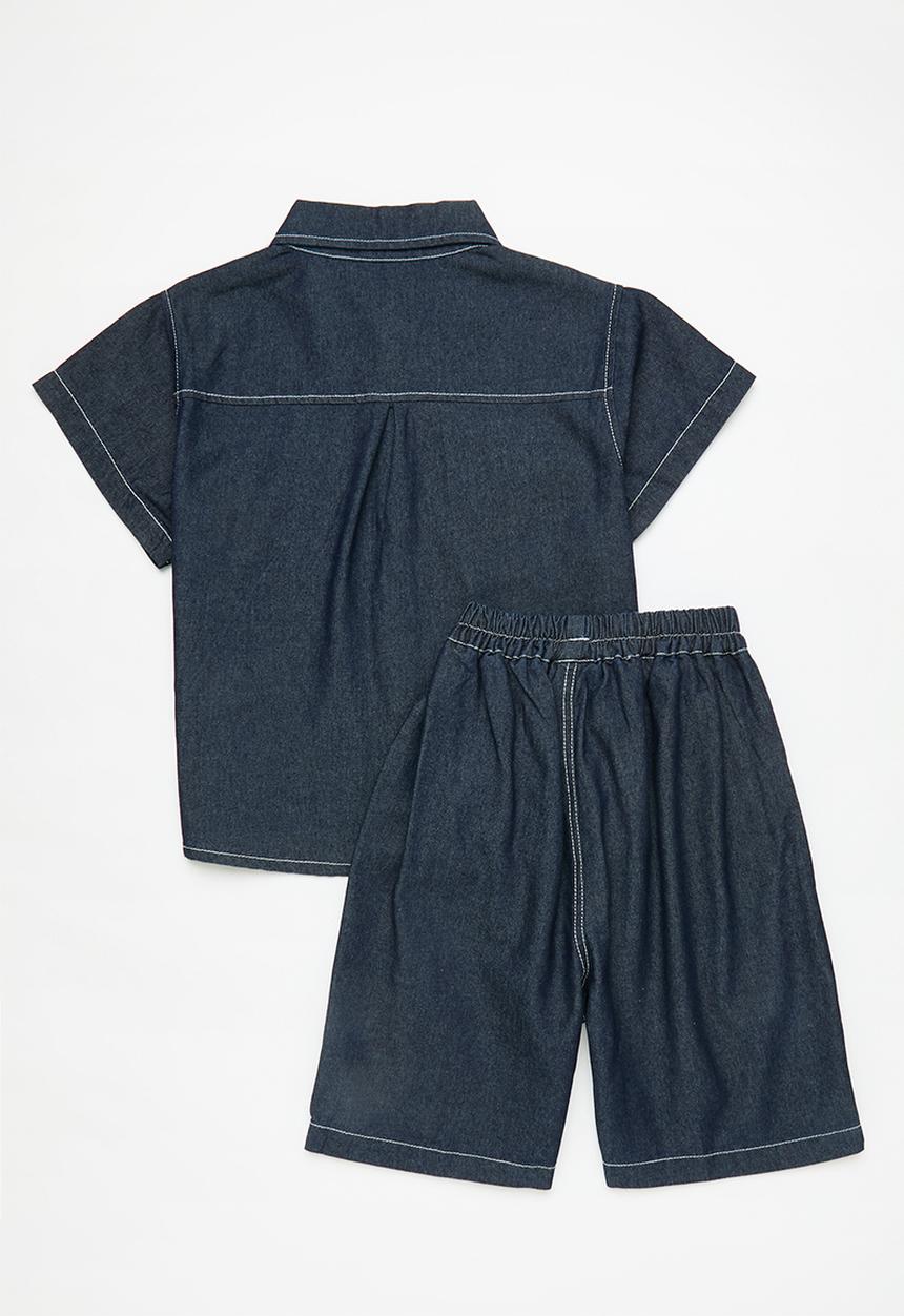 Pop Candy - Raw denim shirt & shorts with contrast stitching - navy