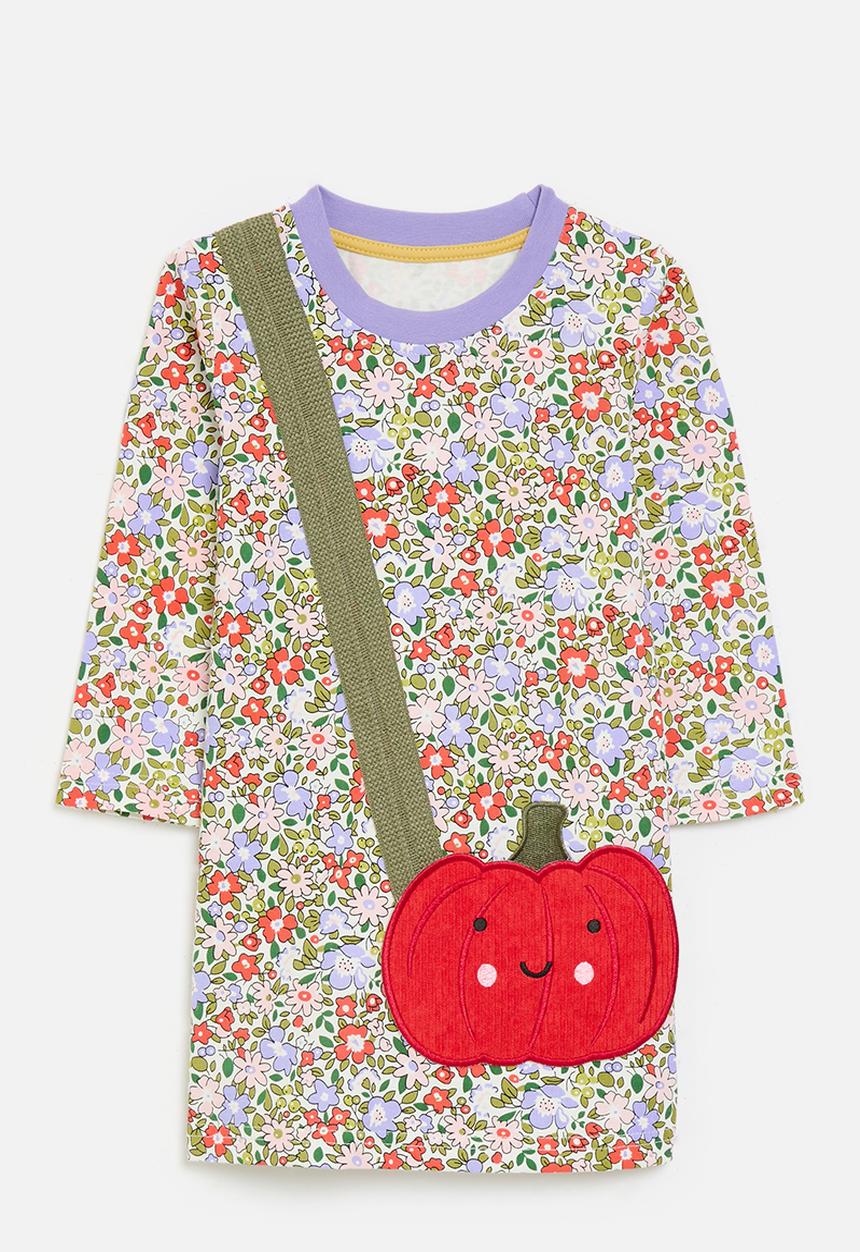 Pop Candy - Merrow edged pumpkin dress with applique strap - multi/floral aop