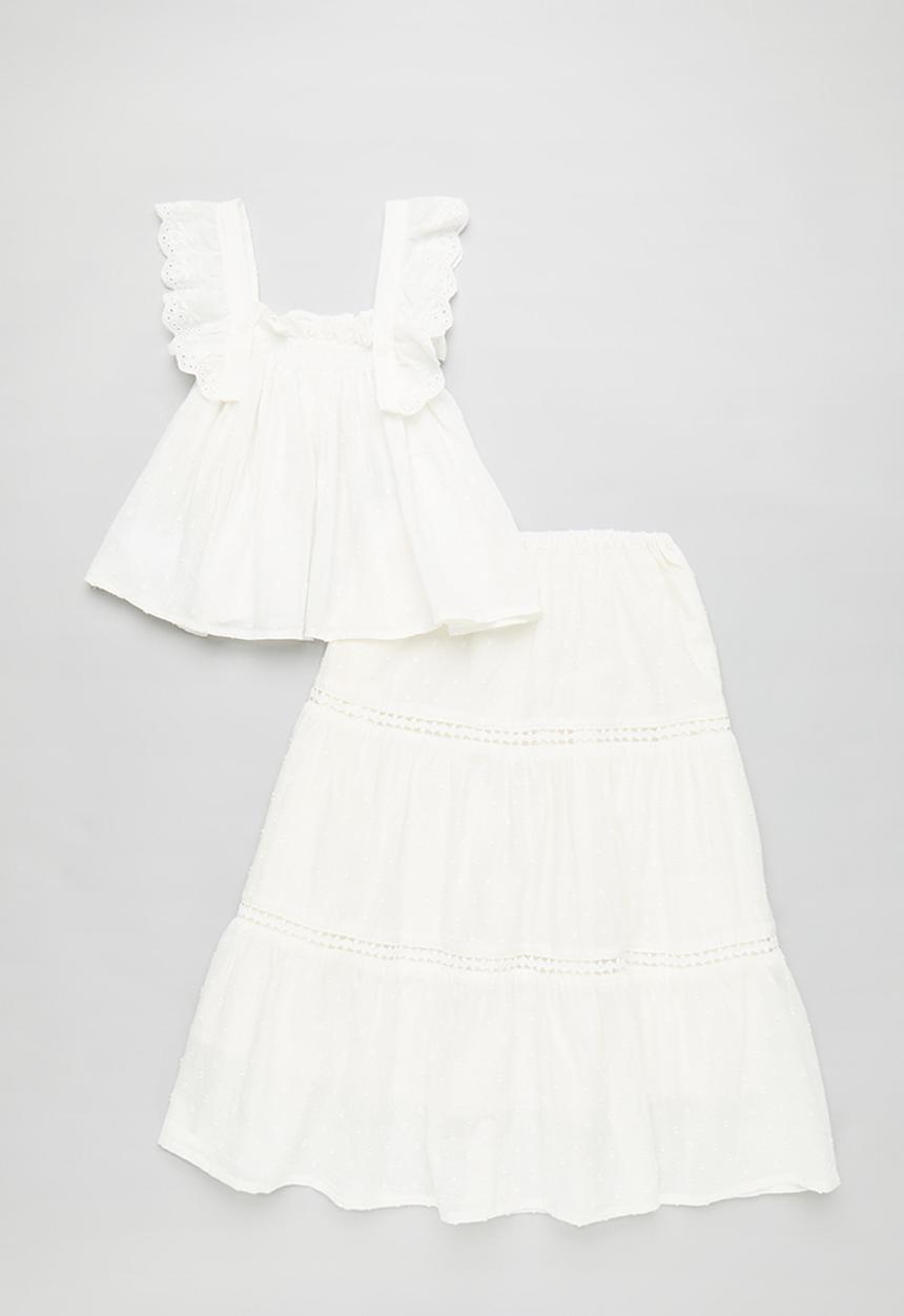 Pop Candy - Buttoned strap top with tiered skirt - white