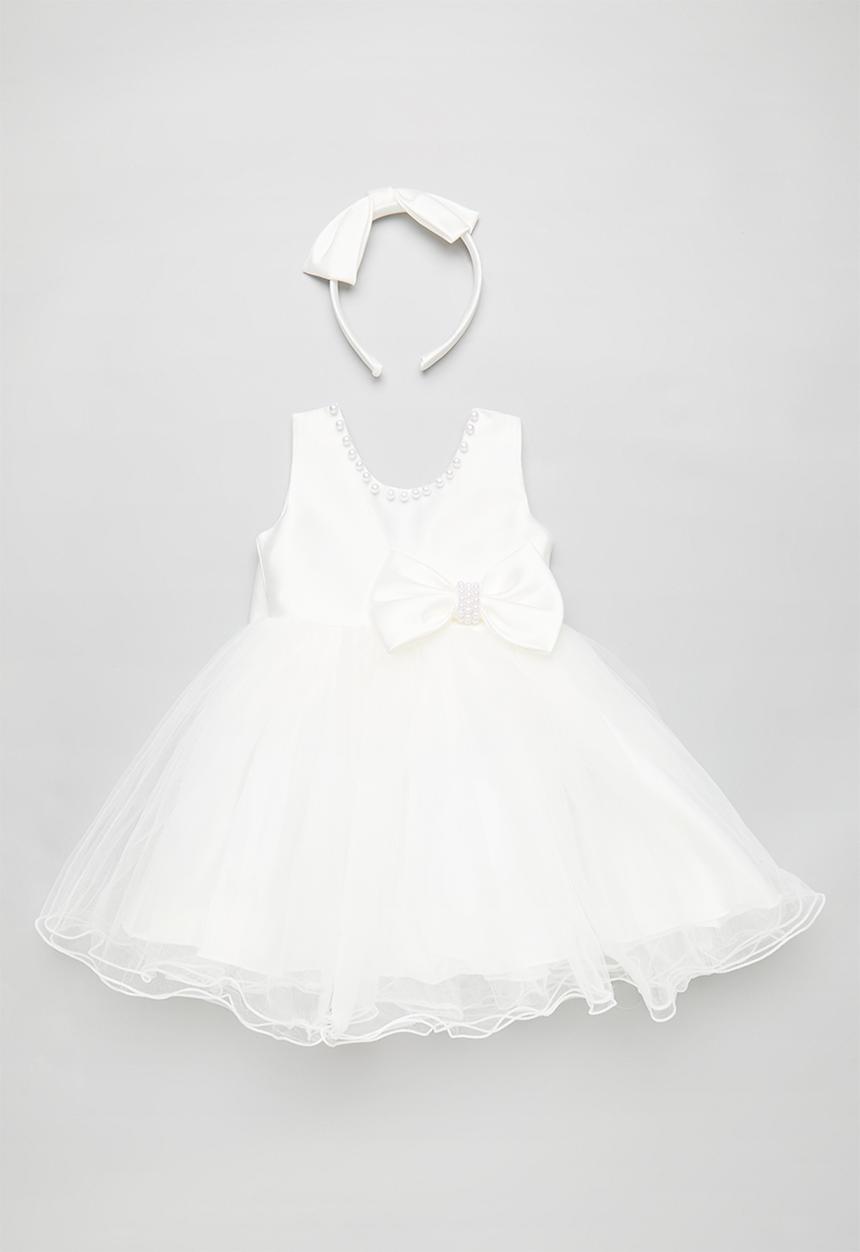 Pop Candy - Pouf occasion dress with pearl beaded neckline & bow hairband - white