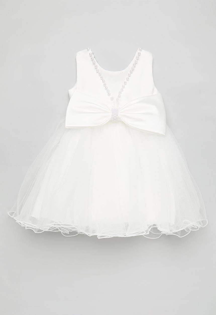 Pop Candy - Pouf occasion dress with pearl beaded neckline & bow hairband - white