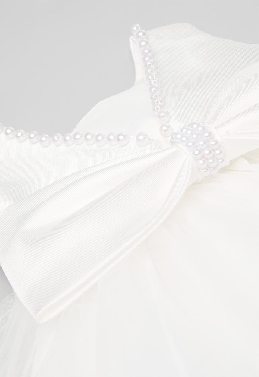 Pop Candy - Pouf occasion dress with pearl beaded neckline & bow hairband - white