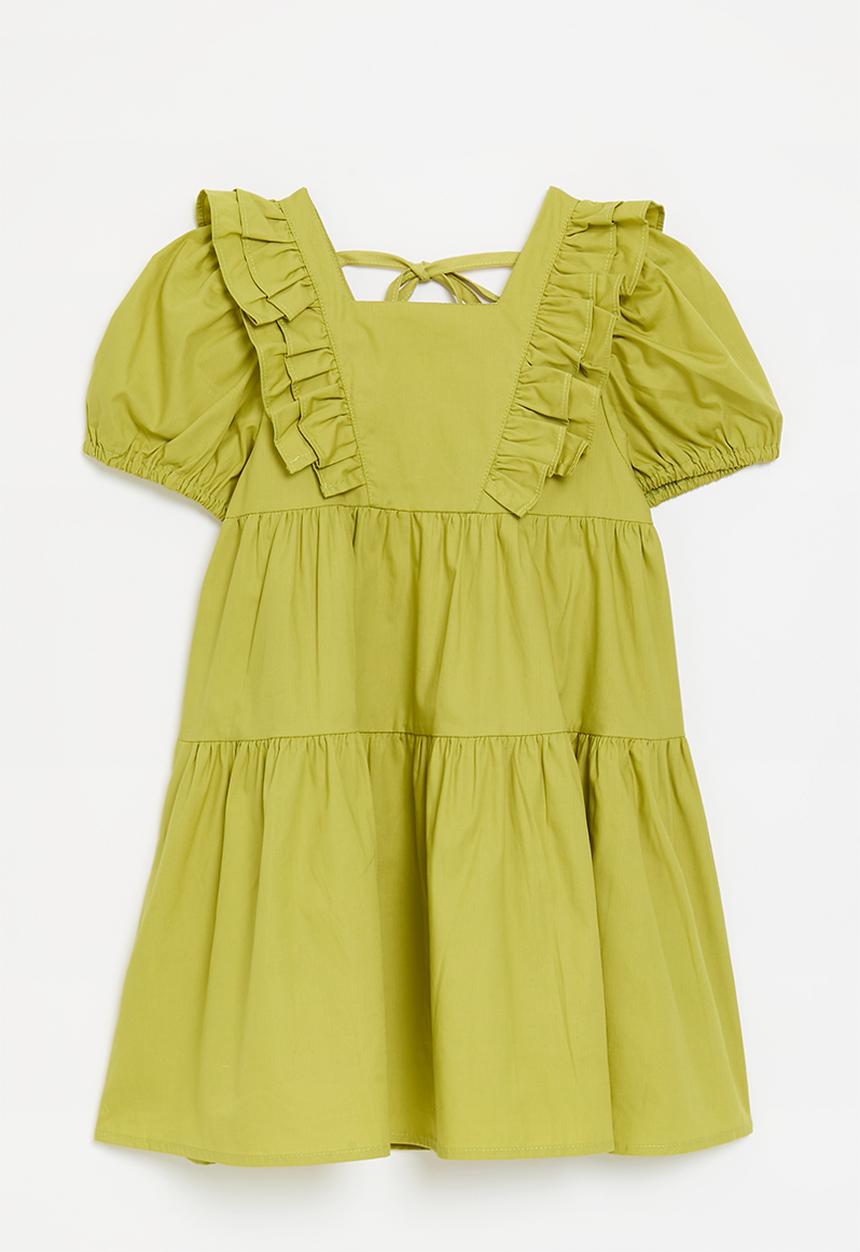 Pop Candy - Tiered dress with ruffled bib front - chartreuse green
