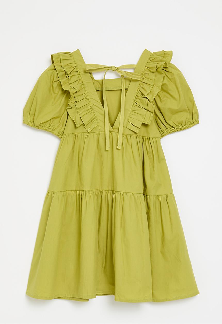 Pop Candy - Tiered dress with ruffled bib front - chartreuse green