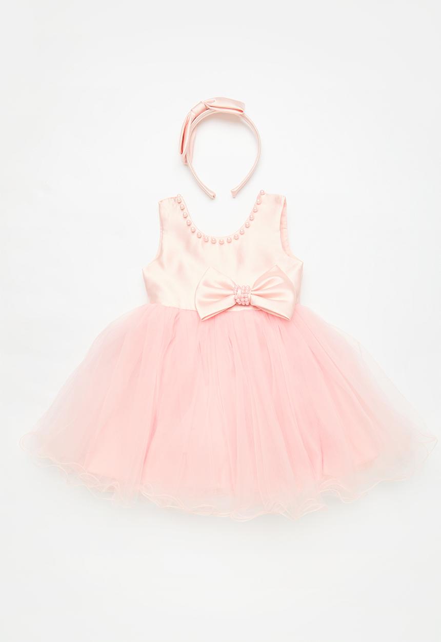 Pop Candy - Pouf occasion dress with pearl beaded neckline & bow hairband - pink