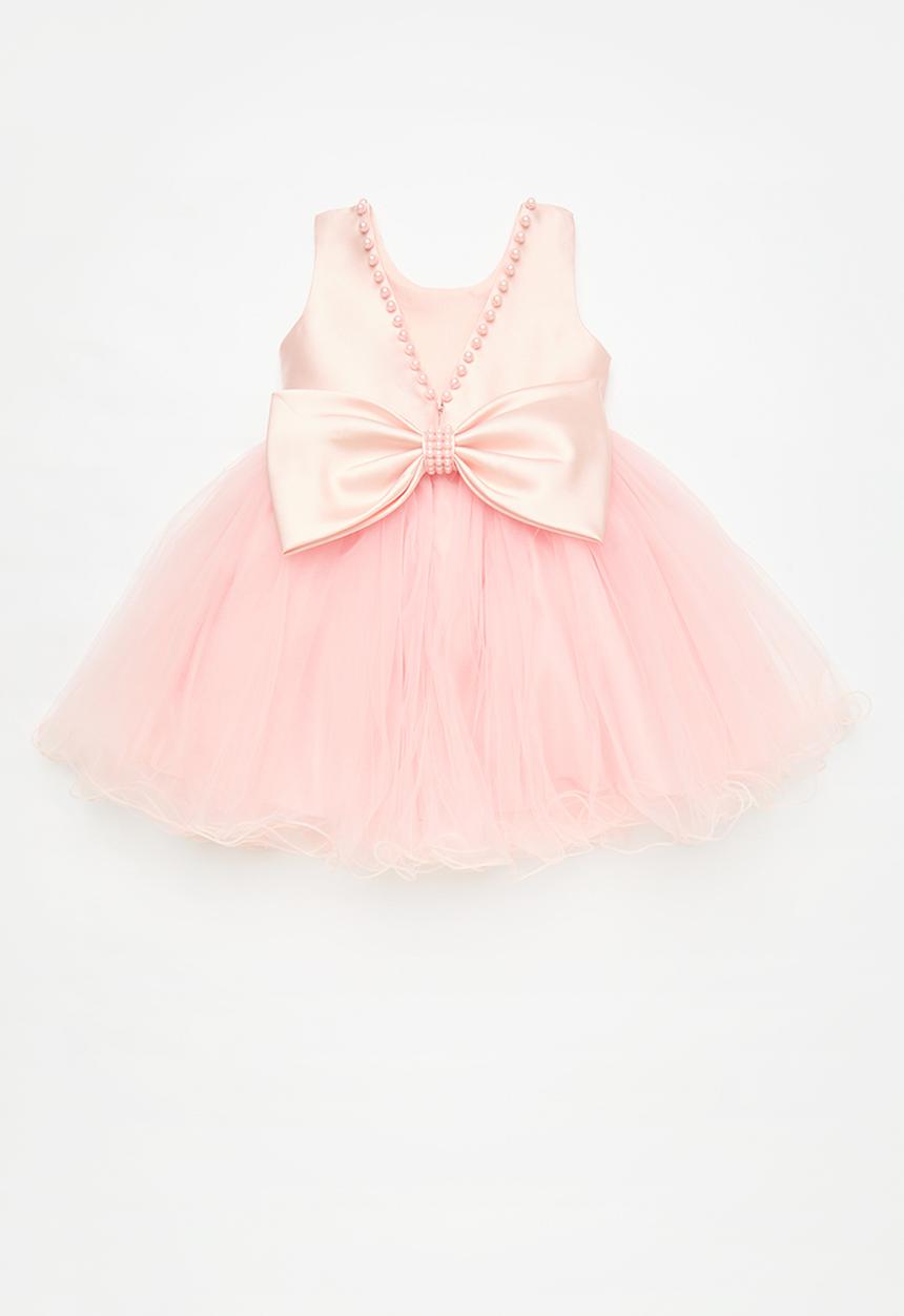 Pop Candy - Pouf occasion dress with pearl beaded neckline & bow hairband - pink